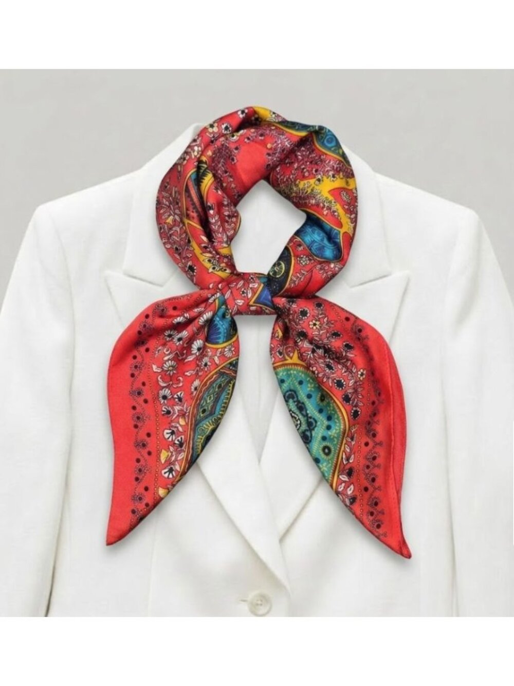 Elegant Luxury Silky Square Scarf Satin Red Tree Leaf Print Bandana Shawl Floral